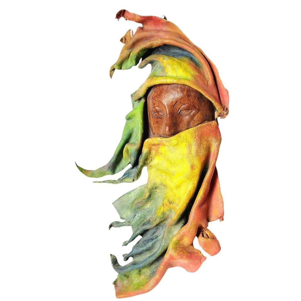 Vintage Sculpted Leather 3D Ethereal Art Nouveau Mask Folk Art  Hanging Wall Art